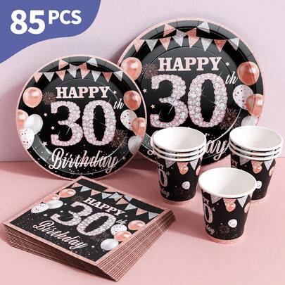 Black Base 30th Diamond Happy Birthday Disposable Plates, Napkins And Cups Set, Serves 20 Guests. This Disposable Party Supplies Set (Including Plates, Napkins And Cups) Is Perfect For Birthday Parties, Weddings And Family Picnics.