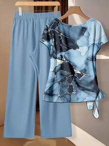 SHEIN Clasi 休闲简约风浅蓝色仿箔抽象花卉图案女式衬衫配蝴蝶结和宽松直筒裤两件套，适合秋冬季节，复古风格 - 彩色 - 查看 2