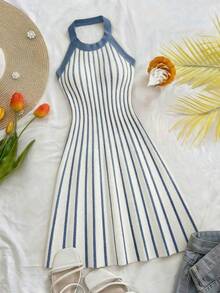 Franclia Women's Elegant Commuter Striped Backless Halter Neck Knit Dress, Summer - Blue and White - View 5