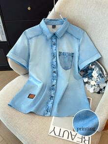 EMERY ROSE Women's Short Sleeve Single-Breasted Pocket Casual Denim Effect Shirt - Blue - View 3