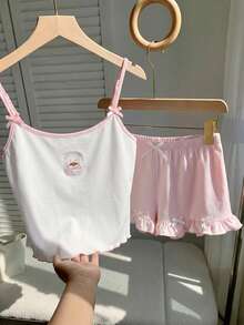 Comfortcana 2件套女士休闲粉色吊带背心和短裤套装，时尚夏季装扮 - 粉色 - 查看 4