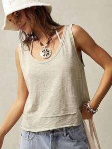 Bohemela Women's Solid Color V-Neck Asymmetrical Hem Knit Vest,Summer Top - Apricot - View 5