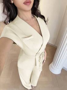 Feyla 韓系新款喇叭袖收腰優雅通勤百搭休閒套裝，女款上班穿搭 - 杏色 - 查看 5