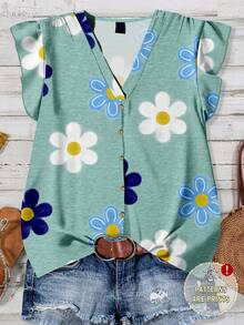 EMERY ROSE Casual Minimalist Romantic Floral Print V-Neck Ruffle Hem Short Sleeve Blouse For Plus Size Women, Suitable For Summer, Vacation - Multicolor - View 1