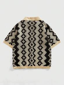 ROMWE MEN Casual 男士复古几何菱形镂空针织开衫，黑白撞色领口设计，短袖上衣 - 黑色 - 查看 3