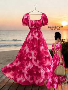 SHEIN Elenzya 女士优雅度假风扎染印花方领泡泡袖露背系腰连衣裙，紫红色 - 玫紅色 - 查看 1