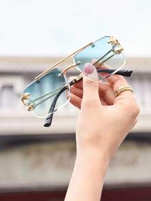 Shadewire 1pc Round Fashion Glasses With Ombre Gradient Color Effect, Cute Ocean Sunset Style Metal Full Frame Fashion Glasses Valentines For Summer Beach Vacation,Outdoor,Travel Shades Vintage Style Oversized Round Frame For Going Out Outfit,Back To School Retro Vintage Fashion Accessories - Green - View 1