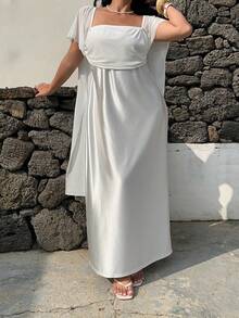 Sunnyshic Plus Size Women's Casual Vacation Dress With Spaghetti Straps And Flowy Hem - White - View 6