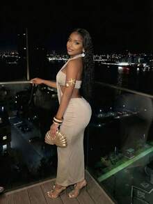 Slaydiva New Early Spring, Spring And Summer Music Festival, Valentine's Day, Easter, Bohemian Style, Nomadic Style, Casual, Simple And Basic, Cruise Party, Birthday Party, Daily Date, Casual Vacation, Elegant Commuting, Halter, Strappy, Wavy Design, Waist And Back Exposed, Hip Pleated, Slimming Long Dress, Khaki Dress, Long Dress For Women -A - Khaki - View 2