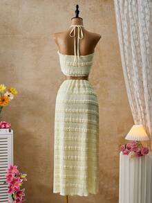 Zolique Women's Lace Trim Casual Elegant Sleeveless Top And Mini Skirt Set - Yellow - View 3