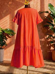 SHEIN CURVE+ 大码女式纯色短袖荷叶边A字宽松休闲连衣裙 - 橘色 - 查看 2