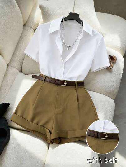 Airaco Conjunto de camisa de manga corta con cuello y pantalones cortos de pierna ancha de moda casual para mujer, adecuado para ir al trabajo, vacaciones y viajes en primavera/verano