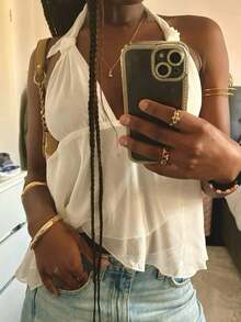 DAZY Camiseta sin mangas con cuello halter en V profundo, bajo con volantes y unicolor, atuendo de crucero de verano para mujeres - Albaricoque - Ver 7