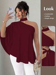 SHEIN Elenzya Blusa asimétrica con hombros y cuello de corbata estampada para tallas grandes - Burdeos - Ver 1