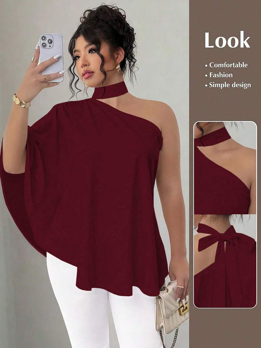 SHEIN Elenzya Blusa asimétrica con hombros y cuello de corbata estampada para tallas grandes - Burdeos - Ver 1