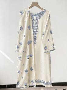 GlowEve 女士新款复古圆领长袖印花连衣裙，时尚休闲印花两件套，含披肩，春夏款 - 彩色 - 查看 3