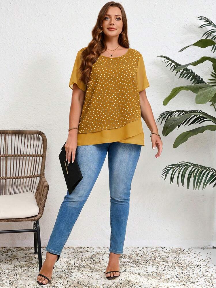Plus Size Women Polka Dot Pattern Round Neck Short Sleeve Casual Shirt