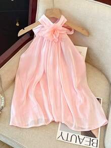 Franclia Women's Halter Neck Tie Vest, Elegant Vest, Three-Dimensional Floral Vest, Glossy Vest, Flowy Organza Vest, Versatile And Fashionable Vest, Sexy And Alluring Backless Vest, Romantic Spring And Summer Vacation Vest, Summer Outfit Vest - Pink - View 1