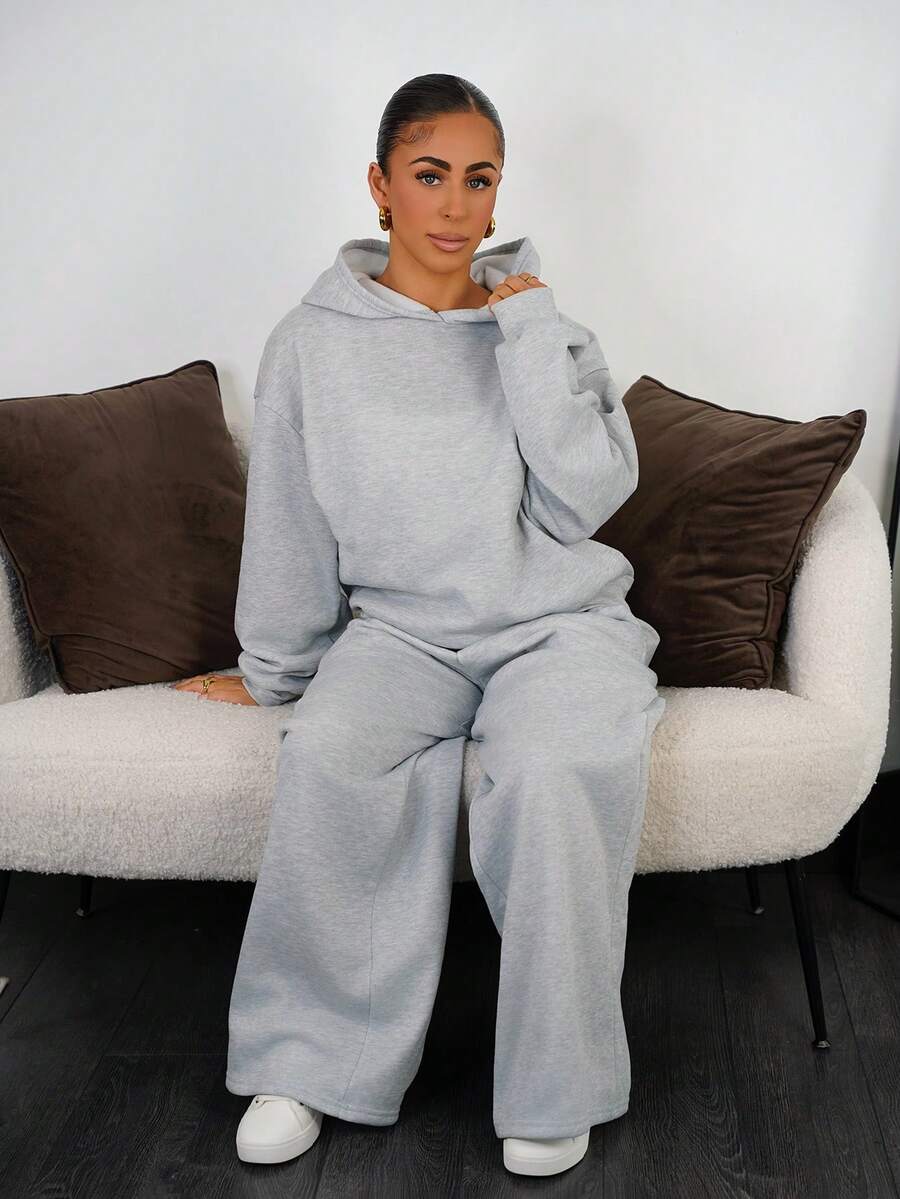 SAYEHFBABY 两件套女士休闲简约套装，女士秋冬连帽衫和运动裤套装，适合日常穿着 - 灰色 - 查看 1