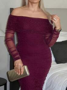 salliqueen Women's Sexy Elegant Luxurious Shiny Metallic Mesh Sheer Long Sleeve Off-Shoulder Dress, Suitable For Dates, Parties, Gatherings, Birthdays,Dresses For Women Elegant,New Year Dress ,Elegant Party Dresses Off Shoulder Mesh Dress Sexy Date Night Dress See Through Dress Off The Shoulder Dresses,Dresses For Women Elegant See Through Long Sleeve Dress Wine Dress - Purple - View 6