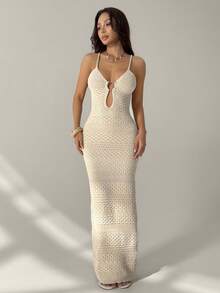 SHEIN PETITE 女士服装，米色圆形金属扣优雅现代针织连衣裙，适合度假、节日、商务休闲、海滩婚礼、情人节派对、复古、90年代、波西米亚风格等场合。 - 杏色 - 查看 8