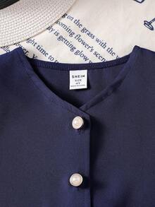 Souflis Souflis Conjunto de 2 piezas para niñas jóvenes: Chaleco sin mangas con botones de perla + Falda plisada con moño, color rosa dulce, estilo elegante de dama, atuendo casual de verano - Neblina azul - Ver 8
