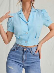 SHEIN Comfortcana Áo sơ mi cài cúc tay cánh hoa màu xanh nhạt, cổ bẻ, thích hợp cho mùa hè. - Màu xanh nhạt - Xem 3