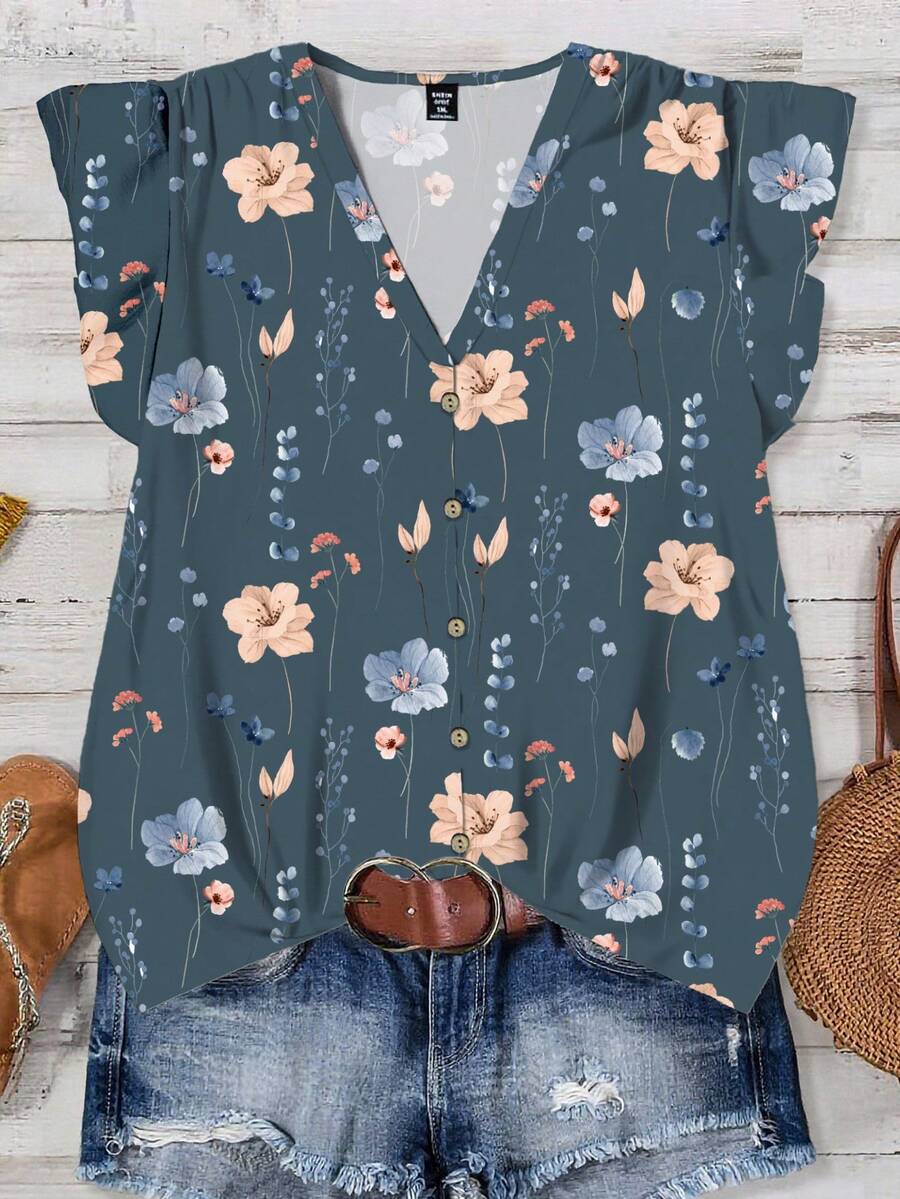 Rusticease 女士碎花休闲短袖衬衫，适合夏季穿着 - 霧霾藍 - 查看 1