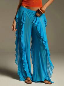 Athîral 女士休闲荷叶边宽松长裤，春夏款 - 水鴨藍 - 查看 1