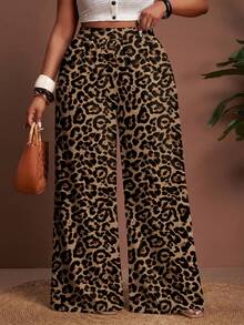 Veslaya 2026春夏新款休闲日常穿着及海滩篝火派对宽松大码女式长裤，饰有彩色豹纹元素 - 棕色 - 查看 5