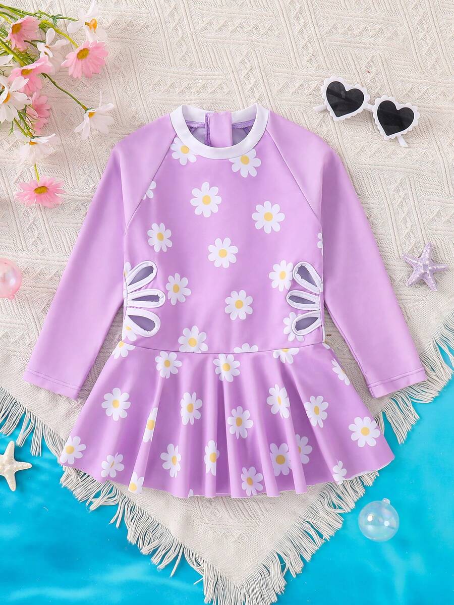 SHEIN 女童钩针编织镂空花卉连体泳衣 - 淡紫色 - 查看 1