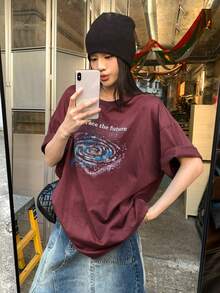 DAZY 女士圆领韩版印花短袖T恤 - 紅色 - 查看 5