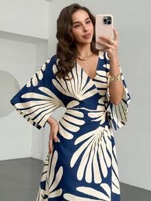 RiviMae 2026 New Spring/Summer Vacation Style Elegant Water Print Wrap Design Relaxed V-Neck 3/4 Sleeve Fitted Long Dress For Women - Blue - View 5