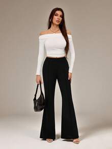 SHEIN Tall 低腰纯色喇叭裤修身西装裤，适合派对、性感优雅的约会之夜。 - 黑色 - 查看 5