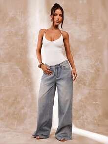 SHEIN BAE 棕色串珠吊带连体衣，夏季性感复古紧身吊带连体衣，沙滩度假吊带衫，串珠吊带衫 - 白色 - 查看 1