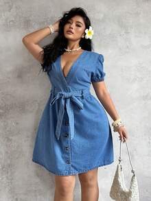 Breezaya 大码女式深V领单排扣短袖休闲牛仔连衣裙 女式牛仔连衣裙 女式连衣裙 V领连衣裙 短袖连衣裙 复活节服装 女式沙滩装 - 藍色 - 查看 4