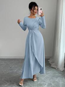 SHEIN Elenzya 女士纯色圆领褶皱优雅长袖连衣裙 - 淺藍色 - 查看 3