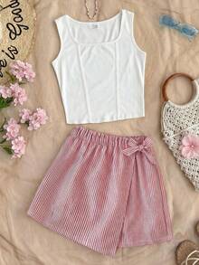 SHEIN 少女针织白色背心和红白条纹短裤休闲套装 - 紅白色 - 查看 1