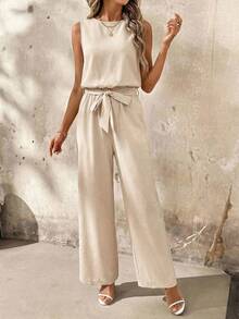 SHEIN Clasi 度假必备露背系带优雅连体裤 - 杏色 - 查看 3