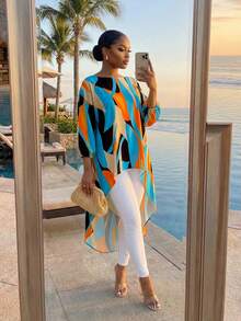 SHEIN Lady CURVE Spring And Summer Elegant Commuting Office Casual Boho Colorful Woven Round Neck High Low Quarter Sleeves Plus Size T-Shirts Blouses Tunic Tops - Orange - View 2