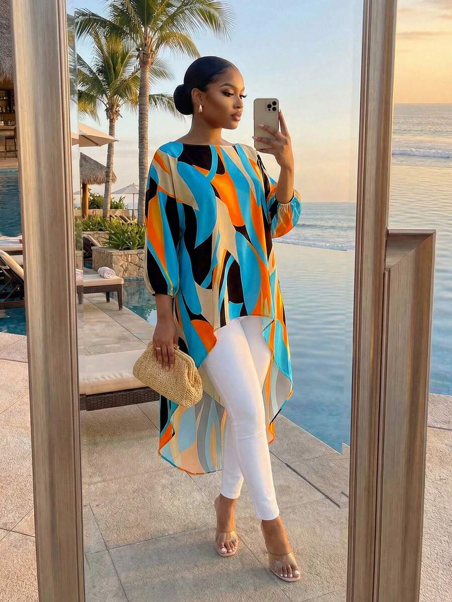 SHEIN Lady CURVE Spring And Summer Elegant Commuting Office Casual Boho Colorful Woven Round Neck High Low Quarter Sleeves Plus Size T-Shirts Blouses Tunic Tops