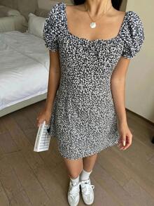 少女黑白碎花蝴蝶结领修身泡泡袖迷你连衣裙，适合派对、度假、海边奶奶装扮 - 黑與白 - 查看 3