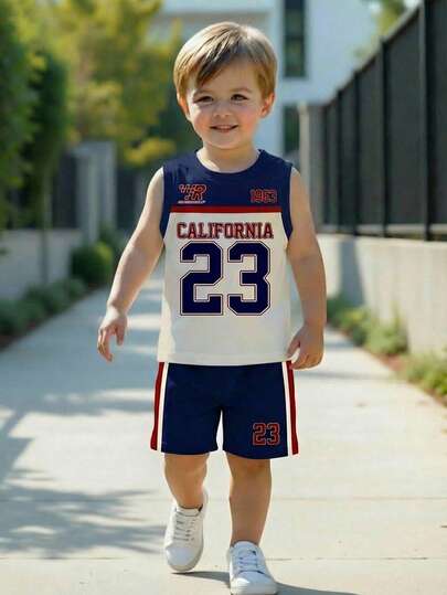 SHEIN Young Boy New Casual Minimalist Y2K Style English Letter & Number 23 Sports Vintage American Patchwork Tank Top & Shorts 2pcs Set, Suitable For Spring/Summer