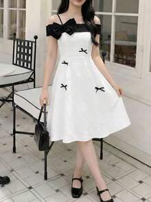 女童黑白吊带连衣裙，蝴蝶结连衣裙，休闲日常连衣裙 - 黑與白 - 查看 4