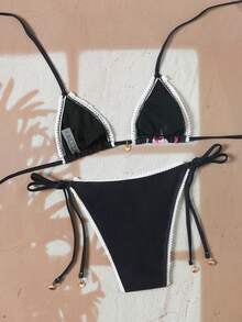 Swim Vcay Set de 2 piezas de bikini con estampado de triángulo y accesorios florales, traje de baño sexy y elegante para vacaciones, playa, fiesta de piscina y Navidad para mujeres - Multicolor - Ver 2