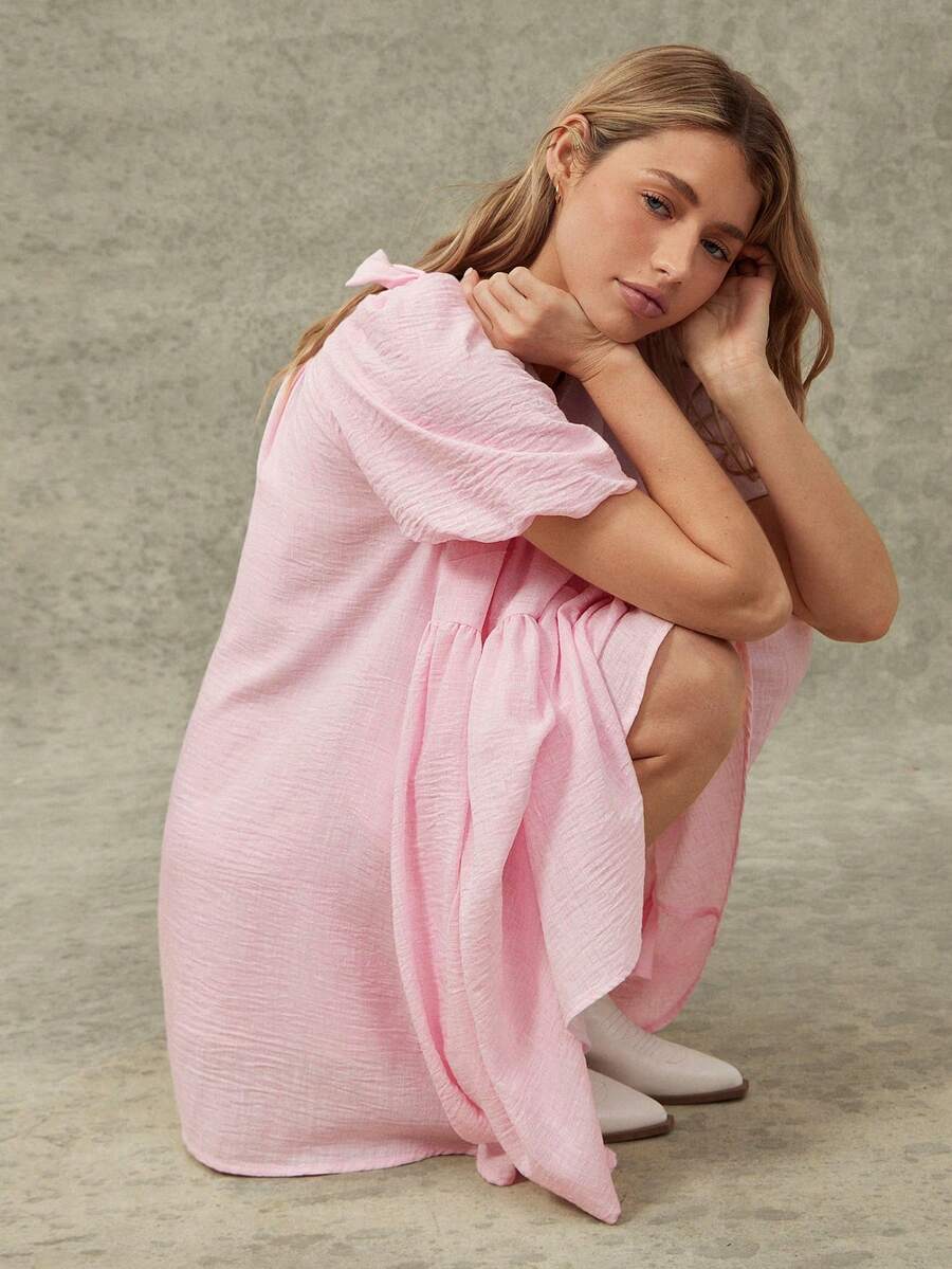 WESTFADE Light Pink Summer Casual Cute Sweet Everyday Bow Shoulder Puff Sleeve Babydoll Mini Dress Festival Vacation Beach Brunch 4th Of July Tennis Country - Pink - View 1