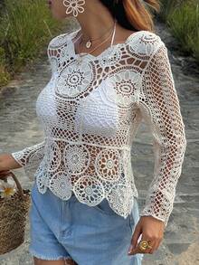 DAZY Women's Hollow Out Knit Blouse, Suitable For Beach, Holiday, Vacation - White - View 3