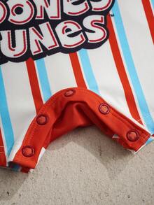 LOONEY TUNES X SHEIN 男婴休闲条纹卡通印花短袖连体衣，夏季 - 彩色 - 查看 5