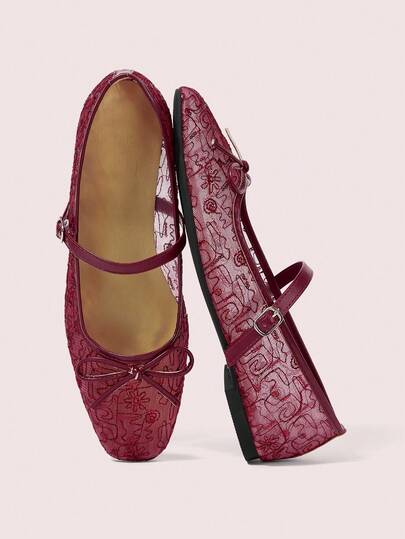 CUCCOO DOLLMOD Women's Wine Red Mesh Embroidered Floral Pattern With Cute Bow Decor French Style Breathable Mary Jane Flat Shoes, Mesh Material Suitable For Spring And Summer