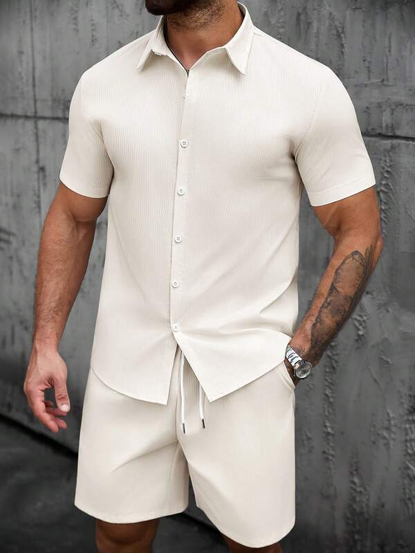 Manfinity CasualCool Men's Casual Striped Jacquard Short Sleeve Shirt And Shorts Set